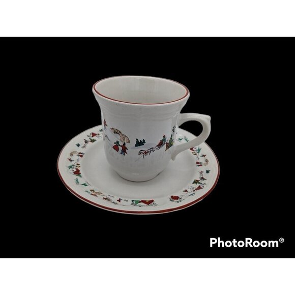 vintage Farberware White Christmas Snow Teacup And Saucer Coffee Mug set of 2 - Picture 3 of 9